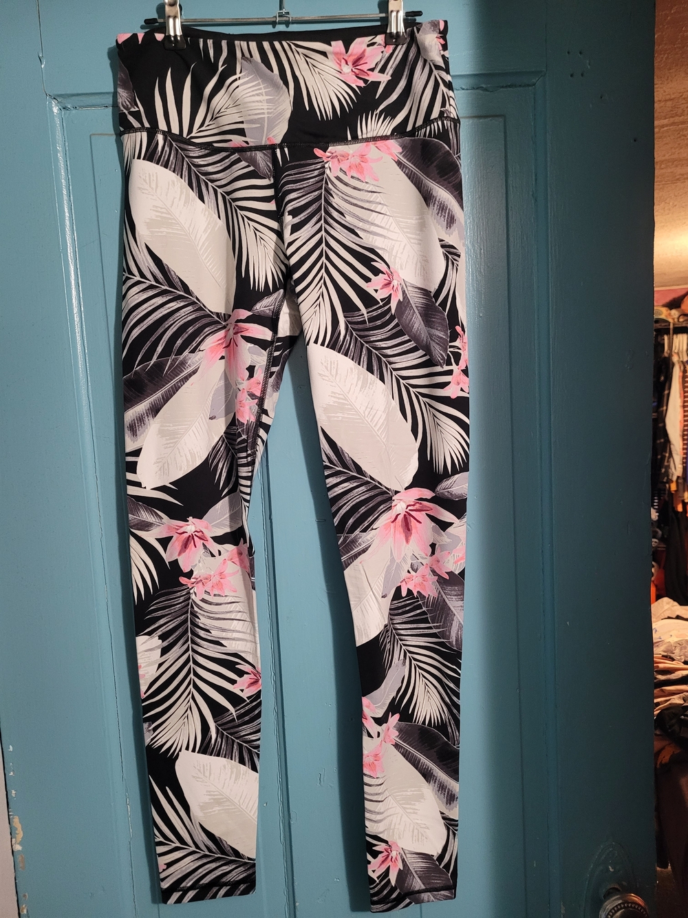 Tropical Print High-Waist Leggings - Black & Pink
